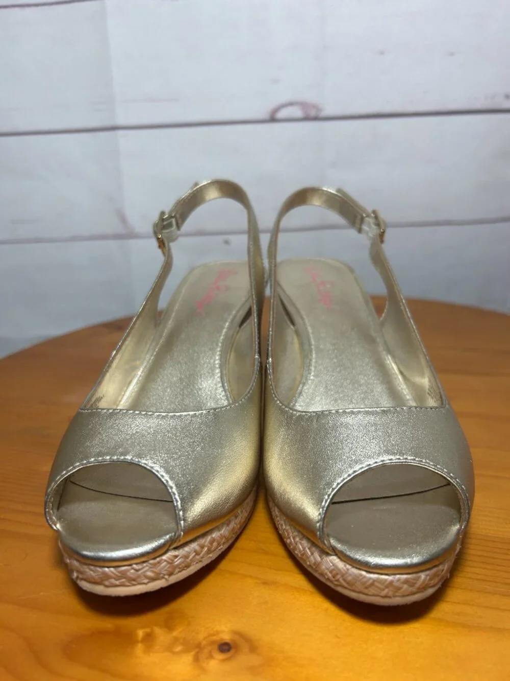 Lilly Pulitzer size 8 Wedge Sandals Gold Metallic Espadrilles Peep Toe leather